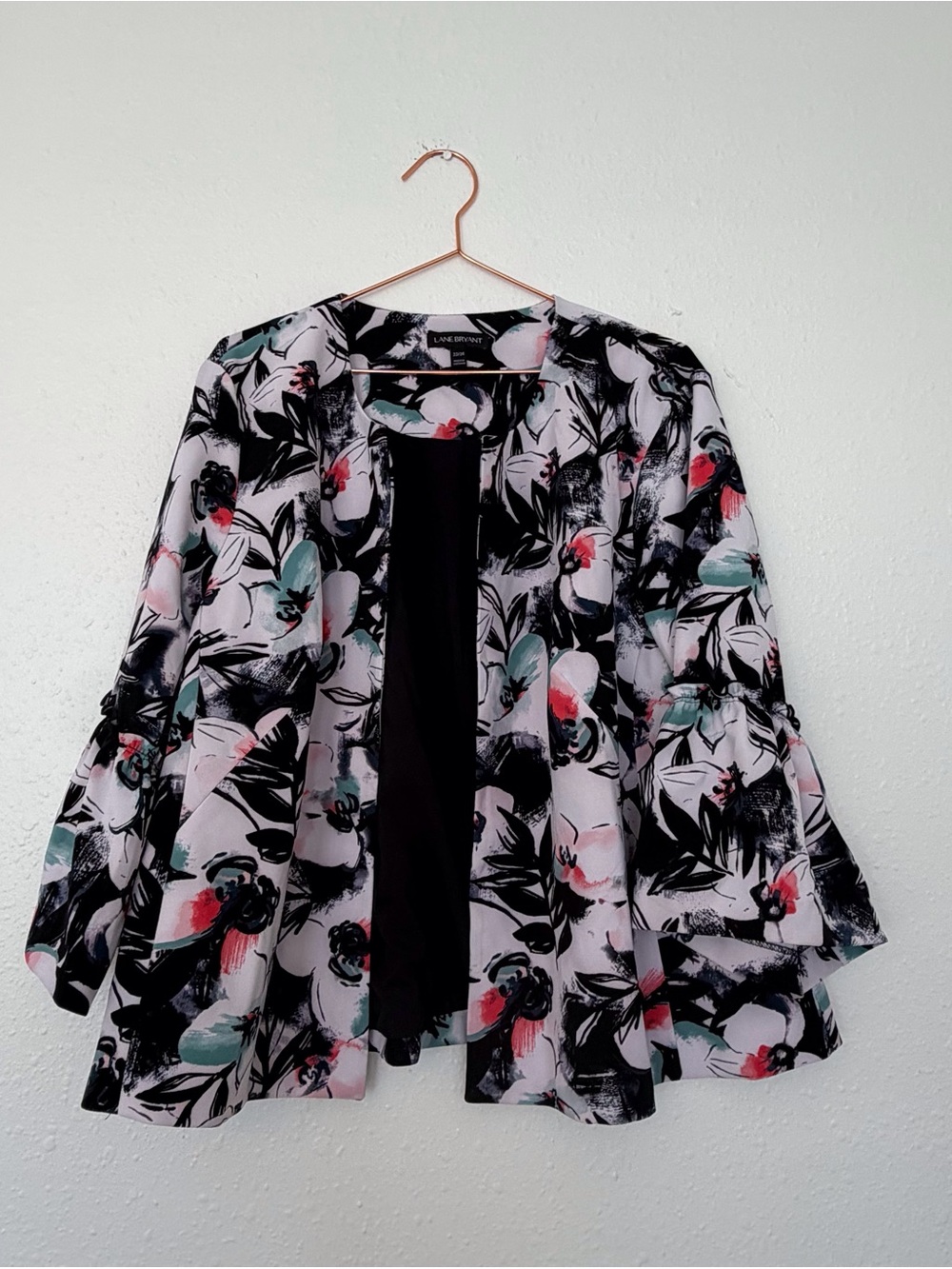 Lane Bryant Black Floral Open Front Jacket with Mint & Pink Accents